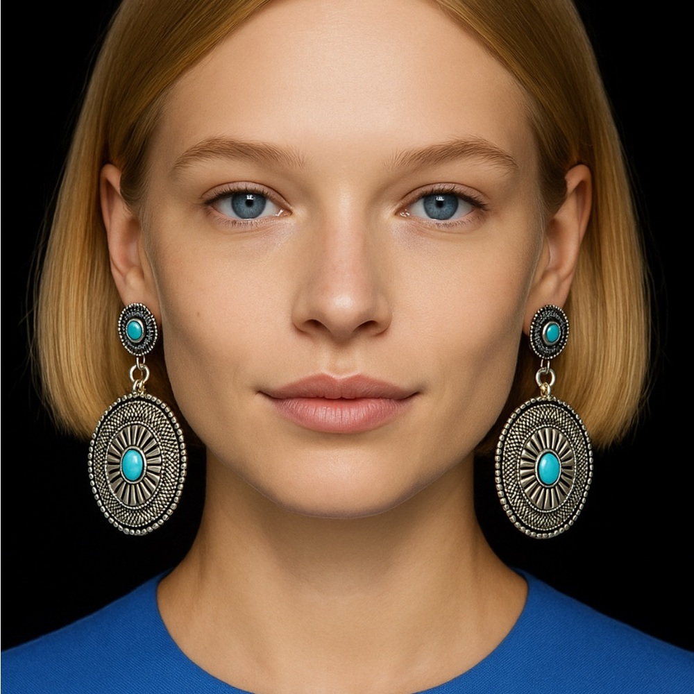 Cow Girl Turquoise Stone Silver Drop Earrings